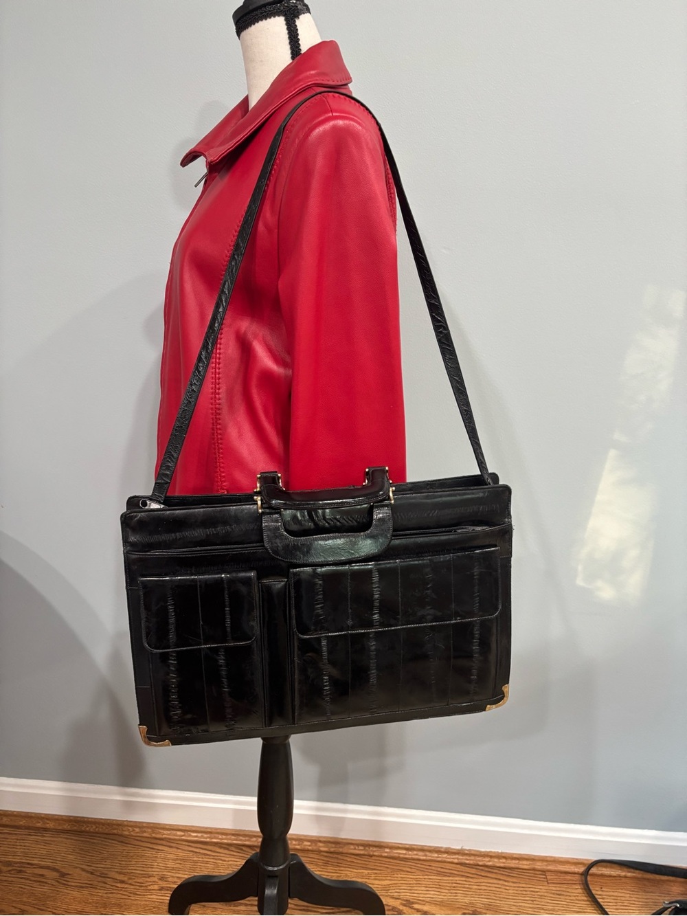 Vintage 80s Genuine Eel Skin Briefcase Crossbody Bag Black Gold Corners